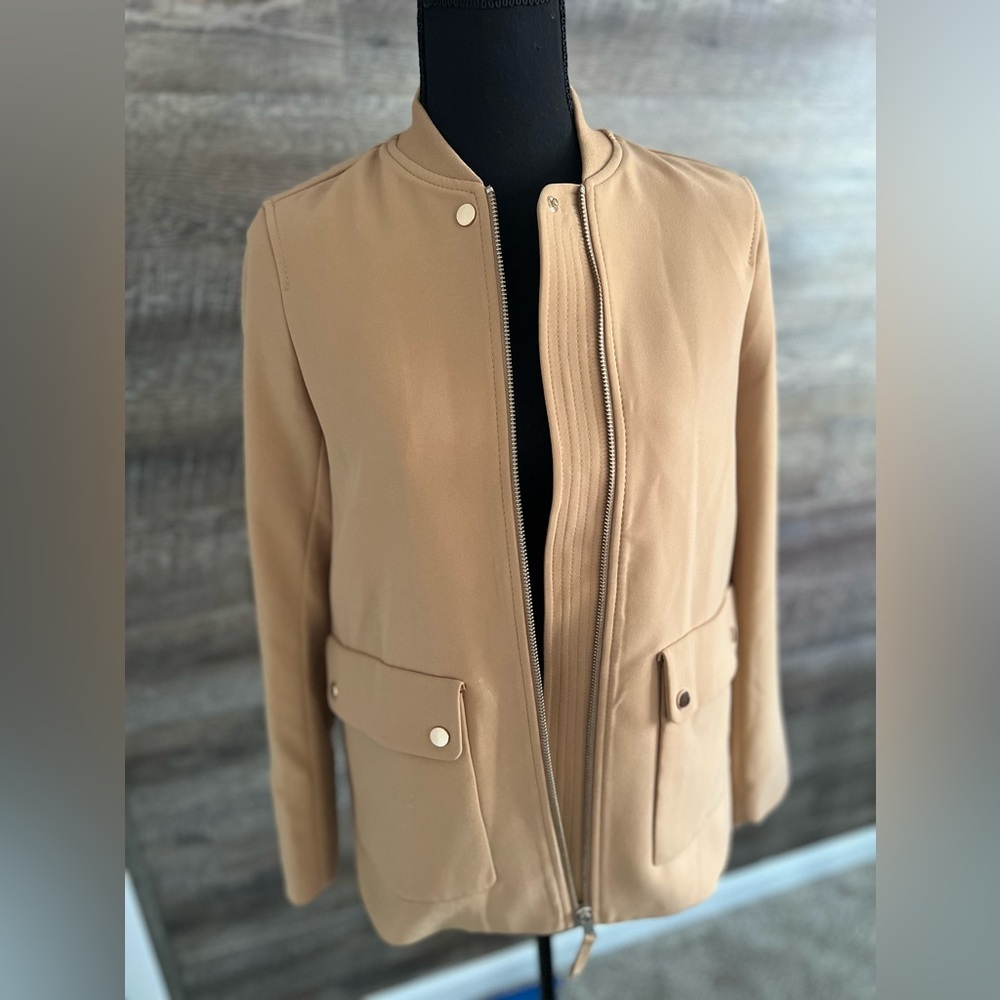 H&M‎ Jacket Salehm Tan Zippered Coat With Gold Button blazer jacket S size 4 - Picture 9 of 10